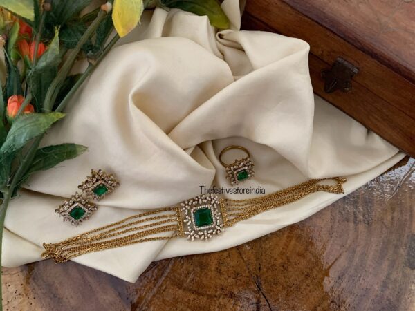 Emerald stone AD Choker set (With adjustable finger ring)