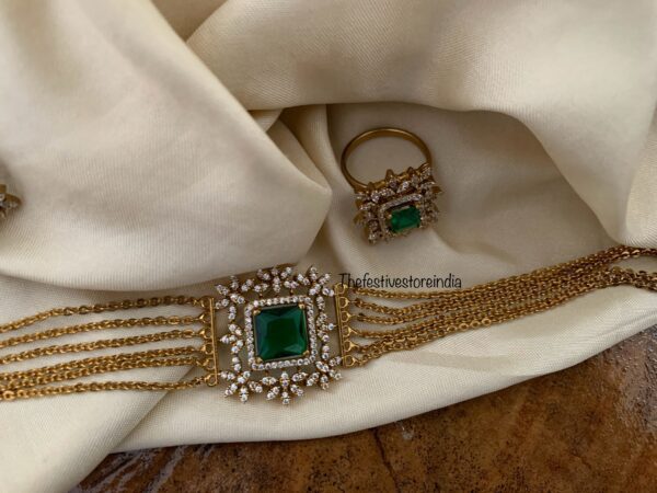 Emerald stone AD Choker set (With adjustable finger ring)