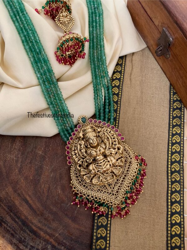 Green beads lakshmi haaram set with jhumkas