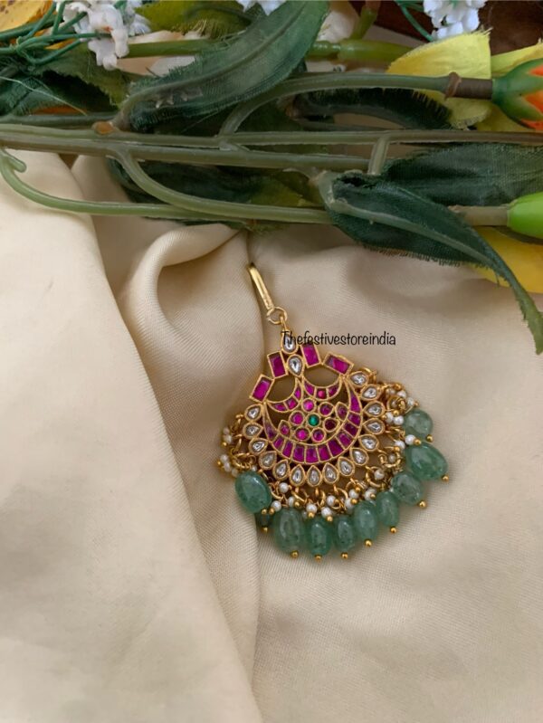 Jadau hook style green drops maangtikka