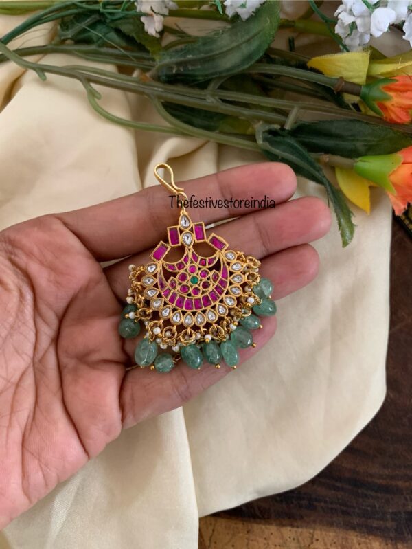 Jadau hook style green drops maangtikka