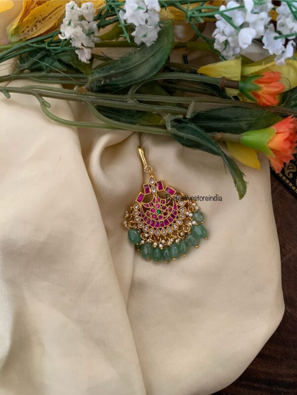 Jadau hook style green drops maangtikka