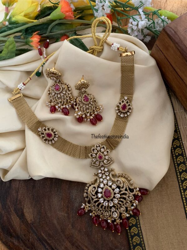 Bridal victorian chain necklace set - Maroon beads | Ruby