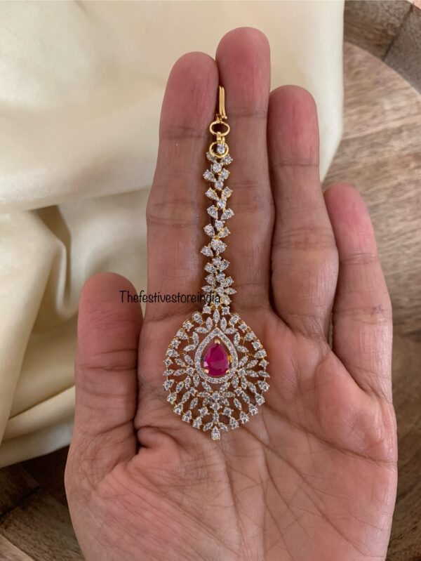 Gold polish diamonds maangtikka - Ruby stone