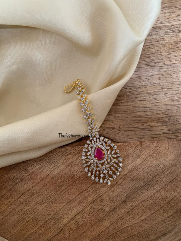Gold polish diamonds maangtikka - Ruby stone