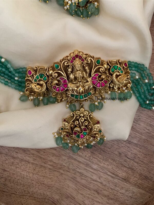 Bridal heavy nakshi lakshmi green beads choker set