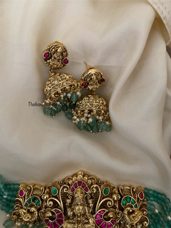 Bridal heavy nakshi lakshmi green beads choker set