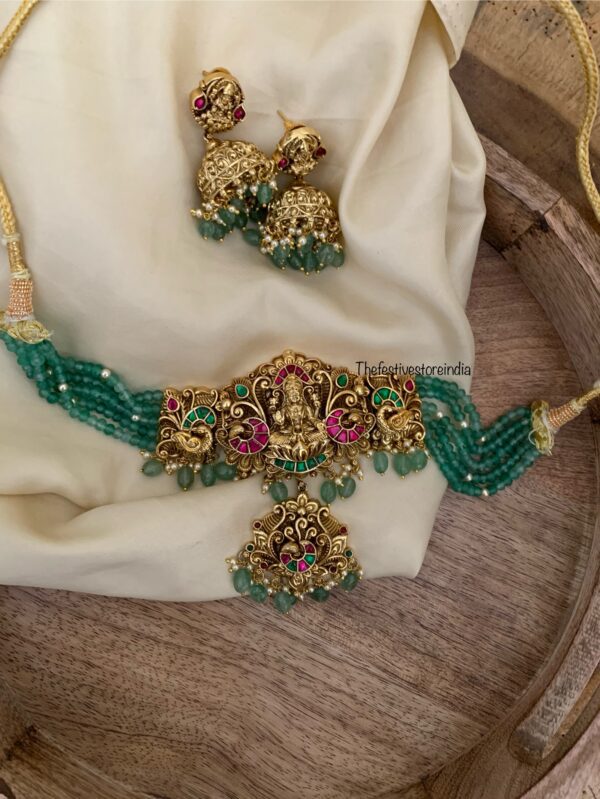Bridal heavy nakshi lakshmi green beads choker set