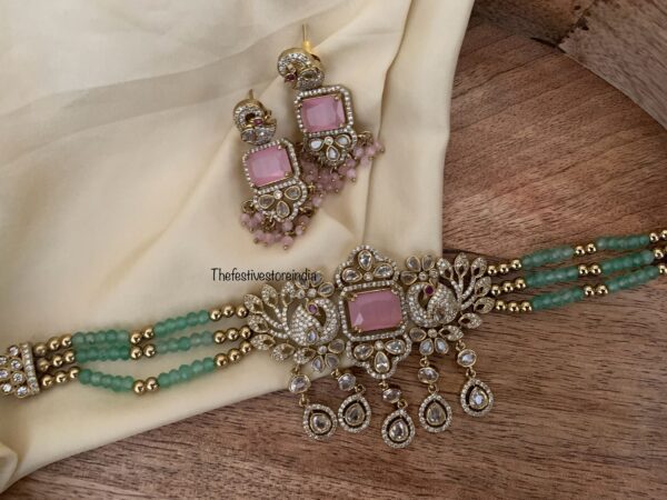 Pink pendant Budgeted bridal green crystal beads choker set