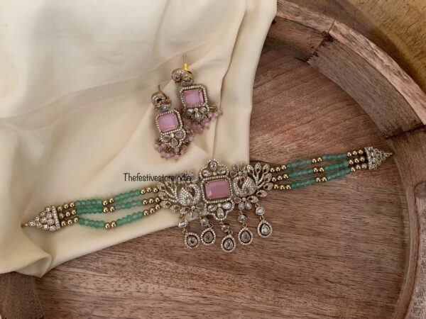 Pink pendant Budgeted bridal green crystal beads choker set