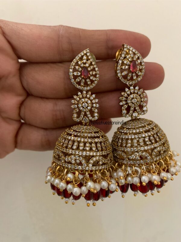 Bridal AD Jhumkas - Maroon drop beads