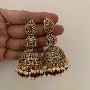 Bridal AD Jhumkas - Maroon drop beads