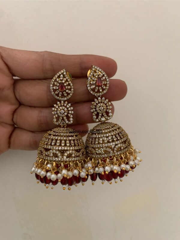 Bridal AD Jhumkas - Maroon drop beads