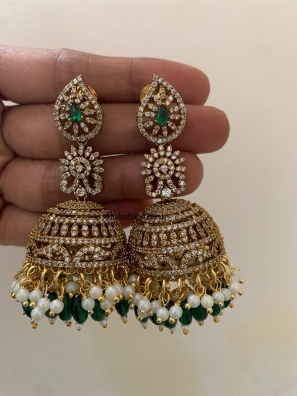 Bridal AD Jhumkas - Green drop beads