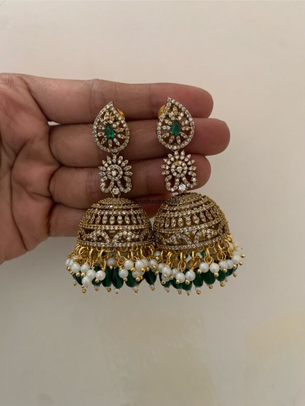 Bridal AD Jhumkas - Green drop beads