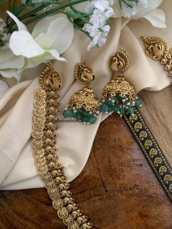 Lakshmi kaasu haaram set with Green drop Bridal jhumkas