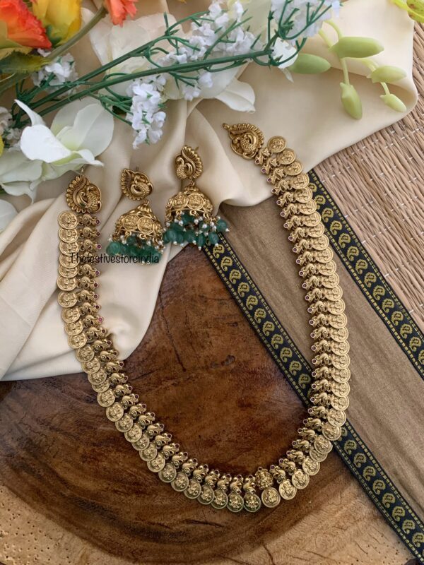 Lakshmi kaasu haaram set with Green drop Bridal jhumkas