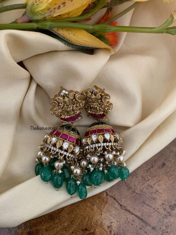 Bridal lakshmi green beads jhumkas