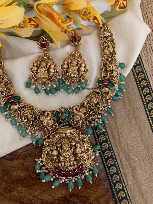 Grand bridal Lakshmi green drops necklace set