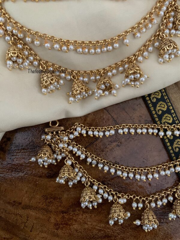 White pearls & hanging jhumka bridal ear chain