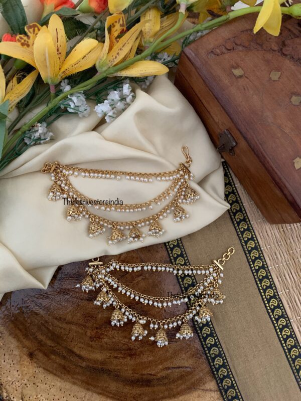 White pearls & hanging jhumka bridal ear chain