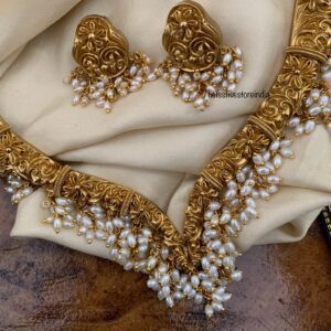 Premium Sweetheart rice pearls hasli set I Antique polish | Unique | Indian jewellery