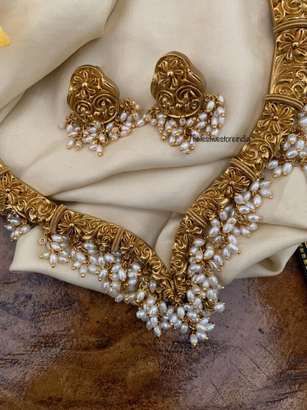 Premium Sweetheart rice pearls hasli set I Antique polish | Unique | Indian jewellery