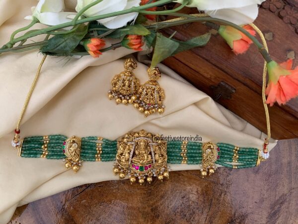 Bridal Nakshi Lakshmi green beads choker set