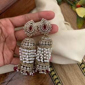 8 cms AD cluster pearls Bridal jhumkas - Ruby