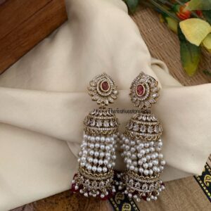 8 cms AD cluster pearls Bridal jhumkas - Ruby
