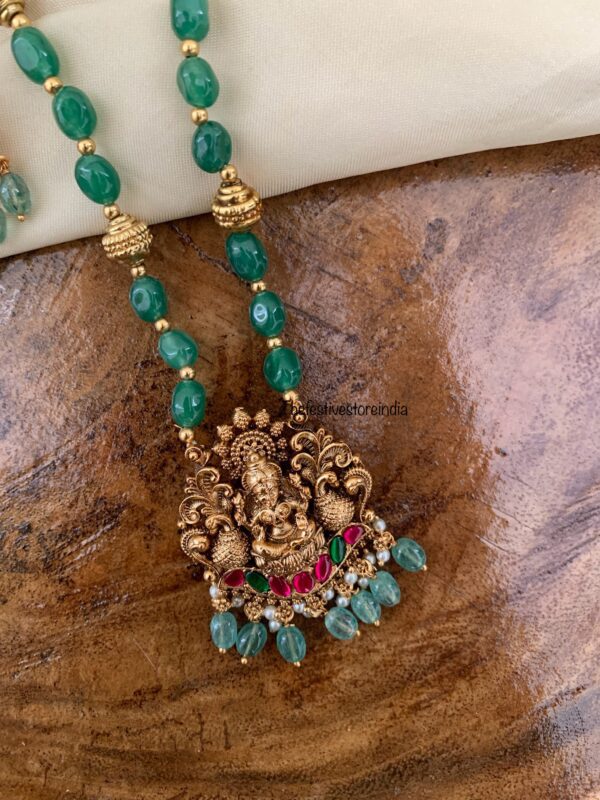 Green beads mid length Lakshmi Haaram set