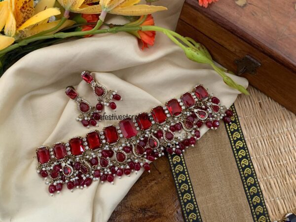 Bridal all stones choker set - Maroon / Ruby