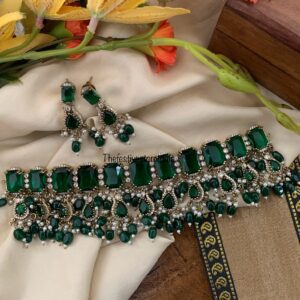 Bridal all stones choker set - Emerald / Green