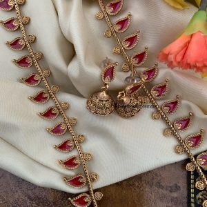 Budgeted Matte Enamel painted Palakka Haaram set - RED | Haaram | long chain