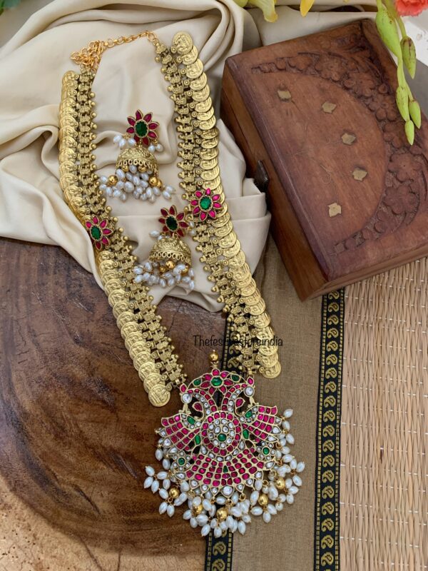 Jadau Kaasu Bridal Gandaberunda haaram set with jhumkas