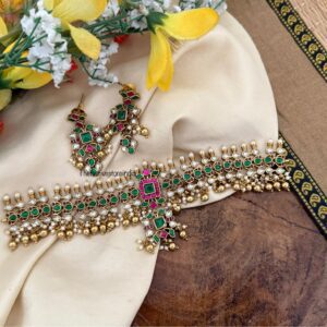 Statement red green stone with gold drops choker set | Non idol