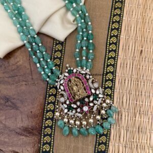 Jadau green beads Radha Krishna pendant Moissanite stone Haaram