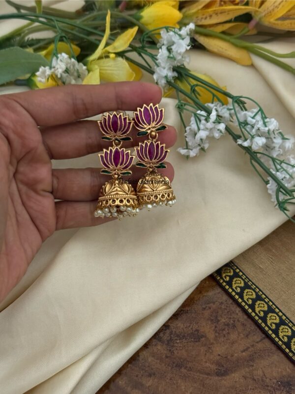 Purple Enamel painted Lotus Matte jhumkas - 5cms