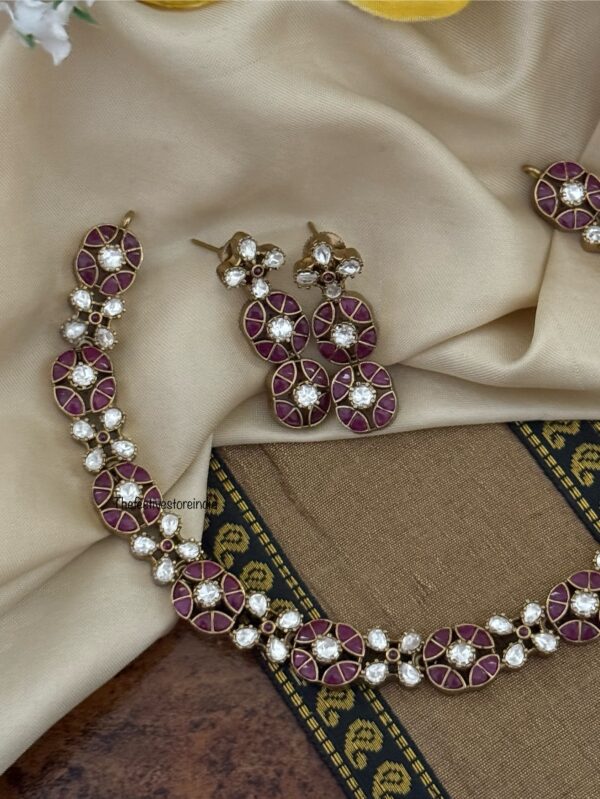 Dark red Jadau and Moissanite stones Simple necklace set | Ruby