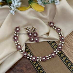 Dark red Jadau and Moissanite stones Simple necklace set | Ruby