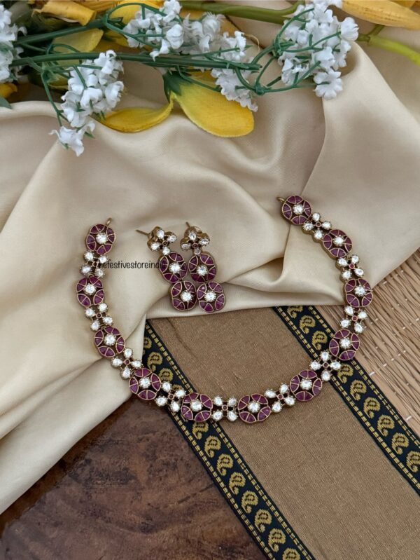 Dark red Jadau and Moissanite stones Simple necklace set | Ruby