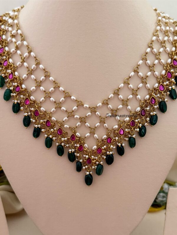 Close knit Jadau pearls with kemp stones green drop hanging chain | Unique