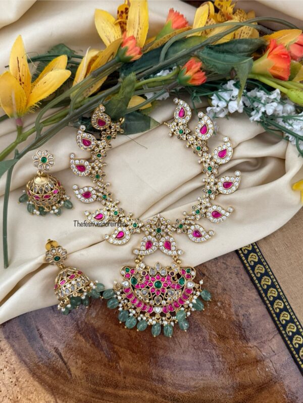 Classic bridal mango set with white, green & rubyrose stone with green drop beads