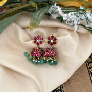 Classic Jadau pushback Red stone with Green drop beads Bridal jhumkas