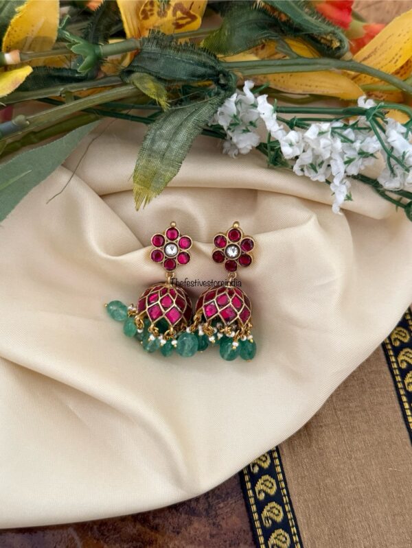 Classic Jadau pushback Red stone with Green drop beads Bridal jhumkas