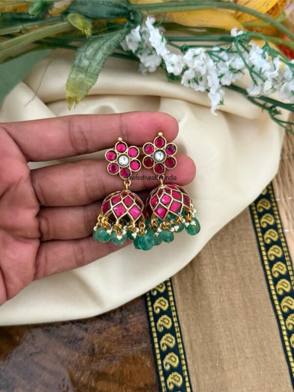 Classic Jadau pushback Red stone with Green drop beads Bridal jhumkas