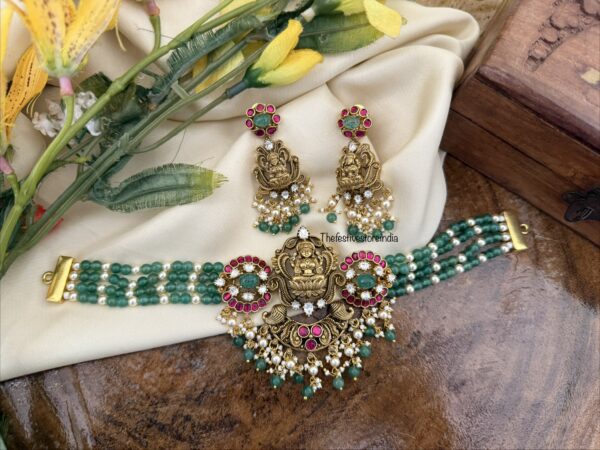 Bridal Jadau green beads Lakshmi choker set