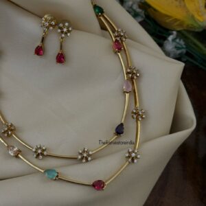 2 layer multi color stone necklace set