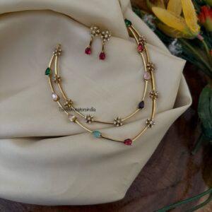 2 layer multi color stone necklace set