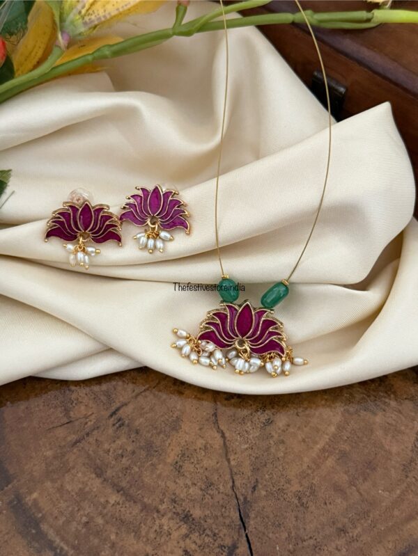 Enamel painted Pink lotus Invisible chain set